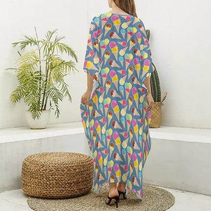Colorful Ice Cream Pattern Print Silk V-Neck Kaftan Dress