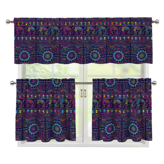 Colorful Indian Elephant Pattern Print 3 Piece Kitchen Curtains
