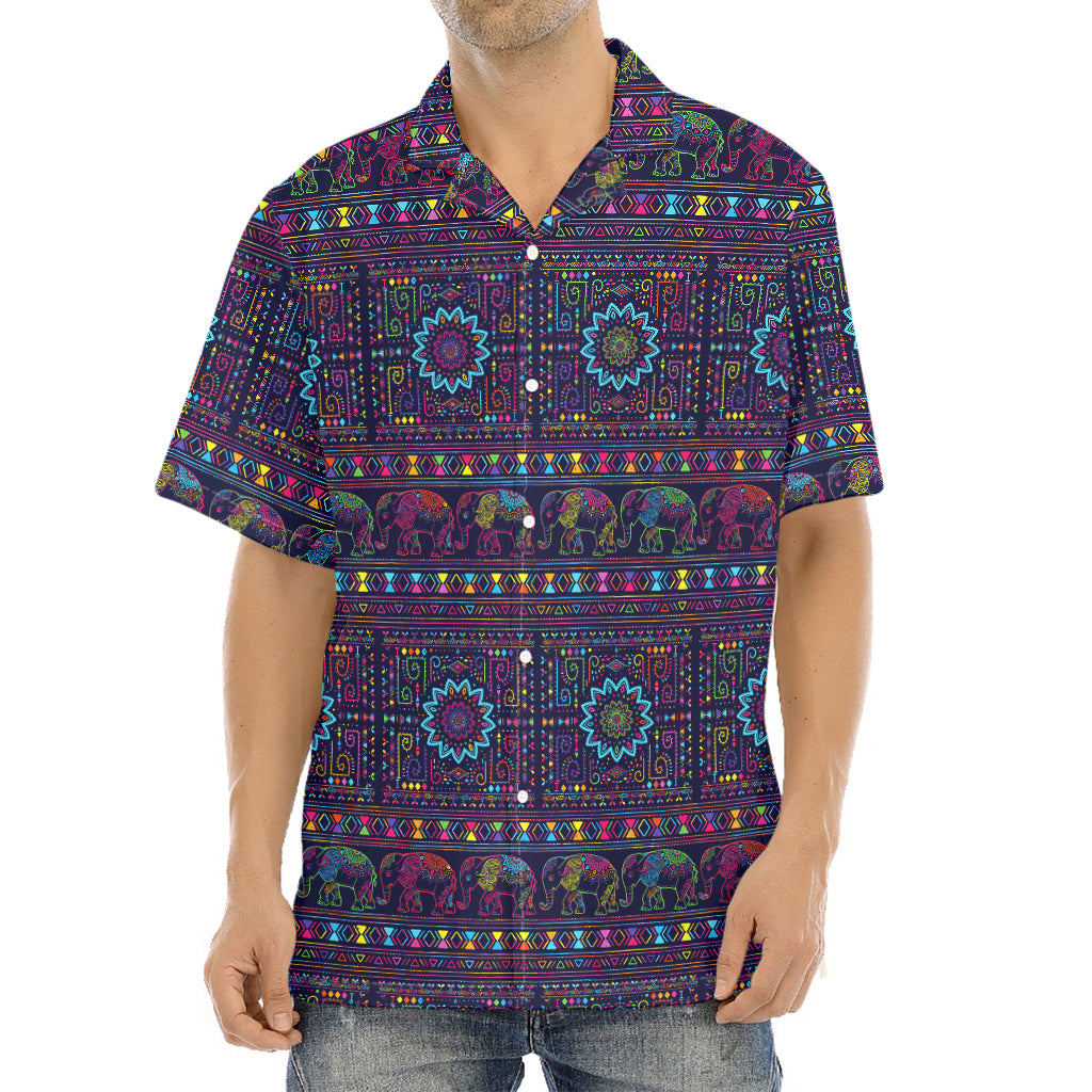 Colorful Indian Elephant Pattern Print Aloha Shirt