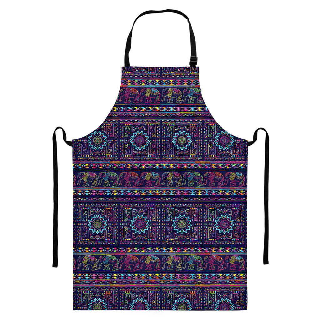 Colorful Indian Elephant Pattern Print Bib Apron With Pocket