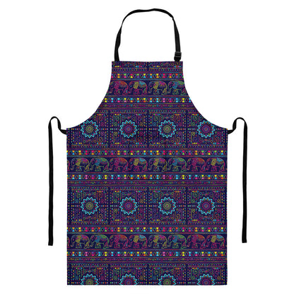Colorful Indian Elephant Pattern Print Bib Apron With Pocket