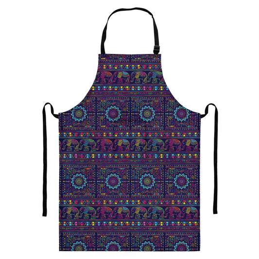 Colorful Indian Elephant Pattern Print Bib Apron With Pocket