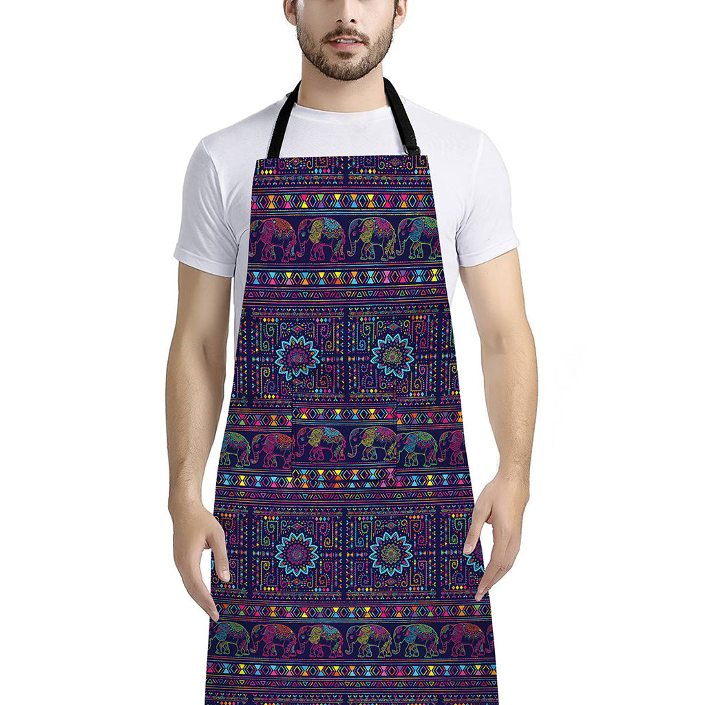 Colorful Indian Elephant Pattern Print Bib Apron With Pocket