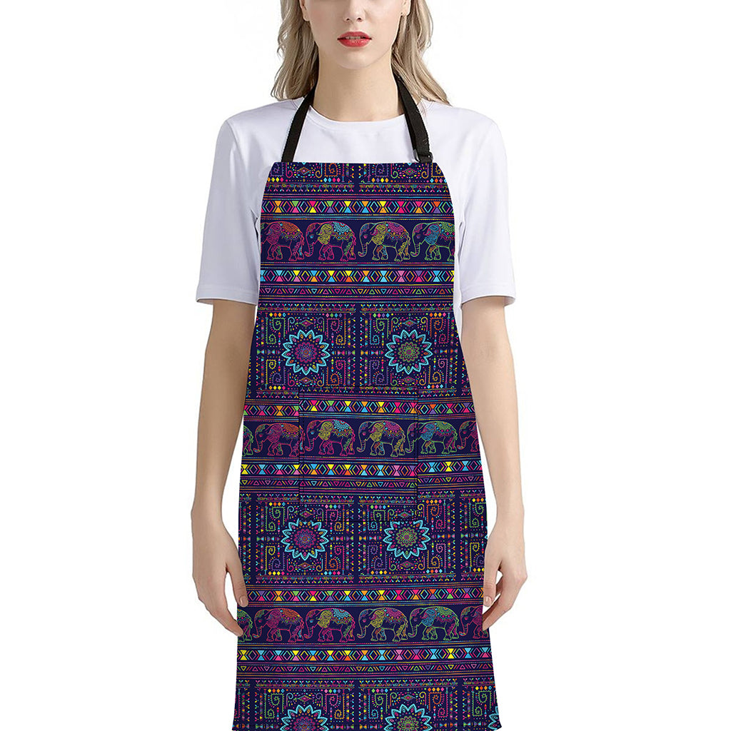 Colorful Indian Elephant Pattern Print Bib Apron With Pocket