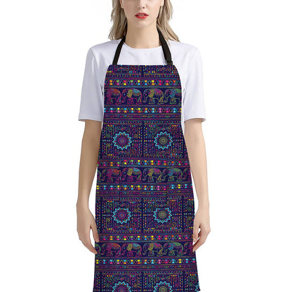 Colorful Indian Elephant Pattern Print Bib Apron With Pocket