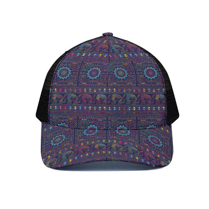Colorful Indian Elephant Pattern Print Black Mesh Trucker Cap