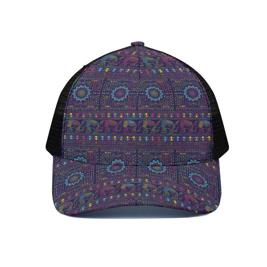 Colorful Indian Elephant Pattern Print Black Mesh Trucker Cap