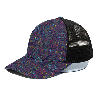 Colorful Indian Elephant Pattern Print Black Mesh Trucker Cap