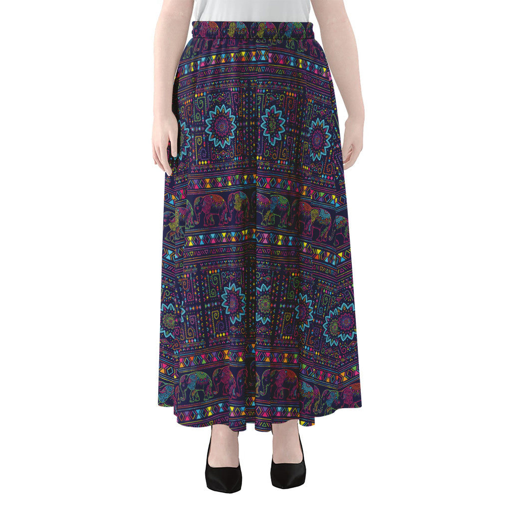 Colorful Indian Elephant Pattern Print Chiffon Maxi Skirt