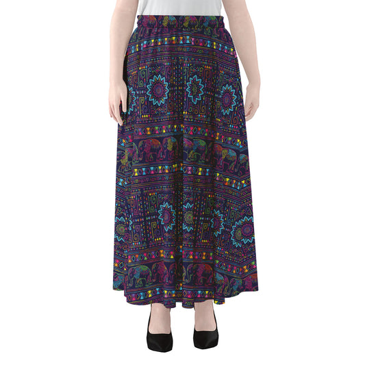 Colorful Indian Elephant Pattern Print Chiffon Maxi Skirt