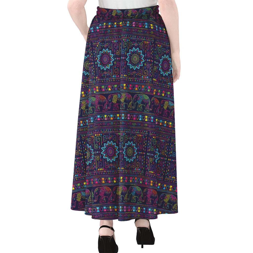 Colorful Indian Elephant Pattern Print Chiffon Maxi Skirt
