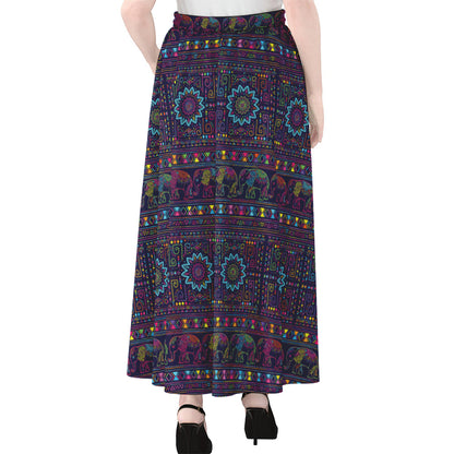 Colorful Indian Elephant Pattern Print Chiffon Maxi Skirt