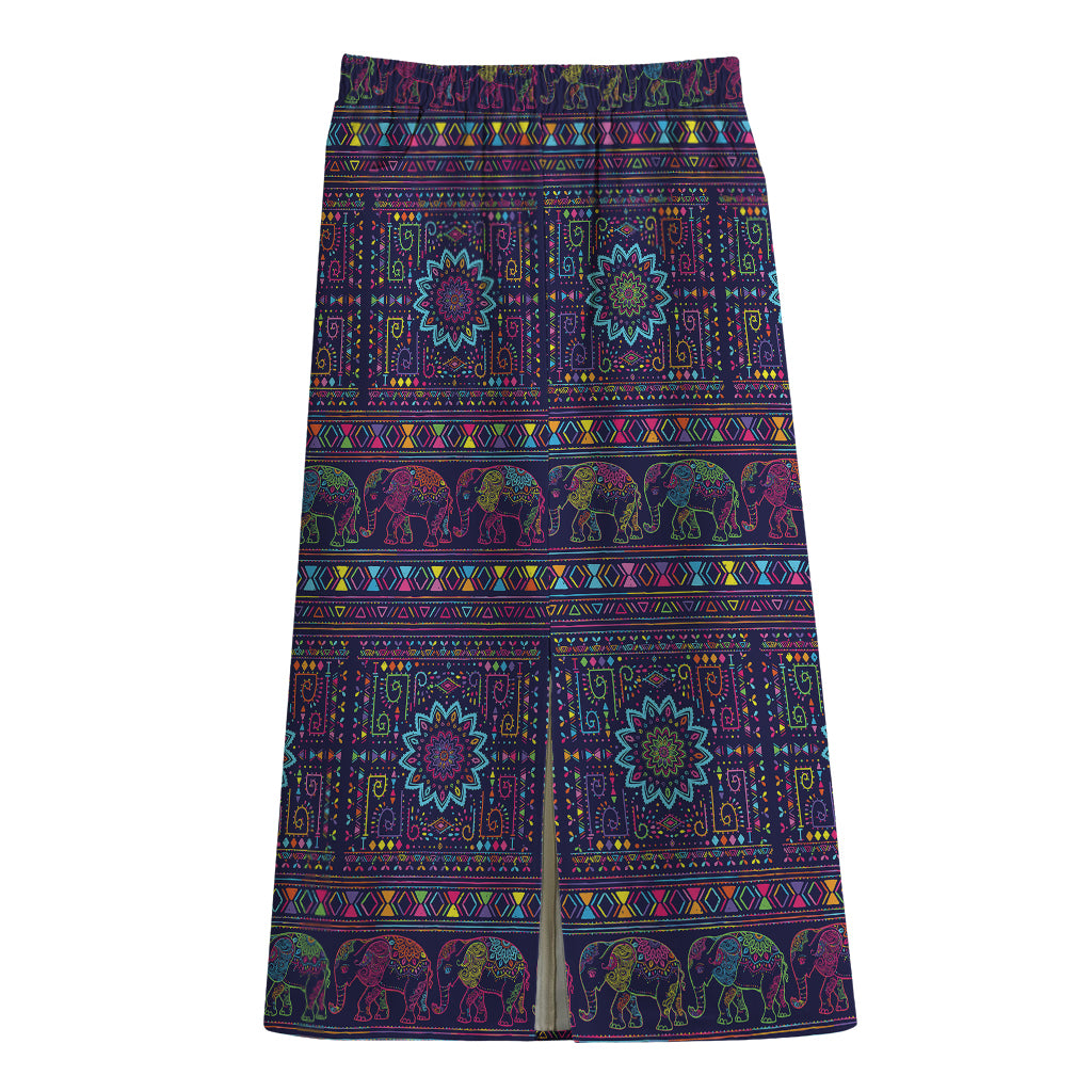 Colorful Indian Elephant Pattern Print Cotton Front Slit Maxi Skirt