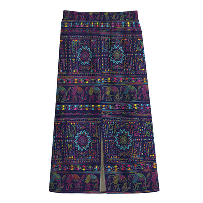 Colorful Indian Elephant Pattern Print Cotton Front Slit Maxi Skirt