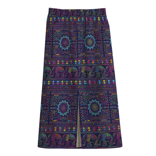 Colorful Indian Elephant Pattern Print Cotton Front Slit Maxi Skirt