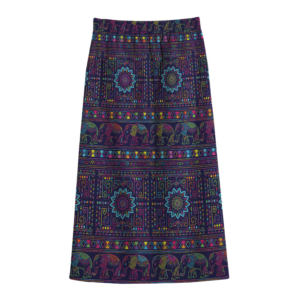 Colorful Indian Elephant Pattern Print Cotton Front Slit Maxi Skirt