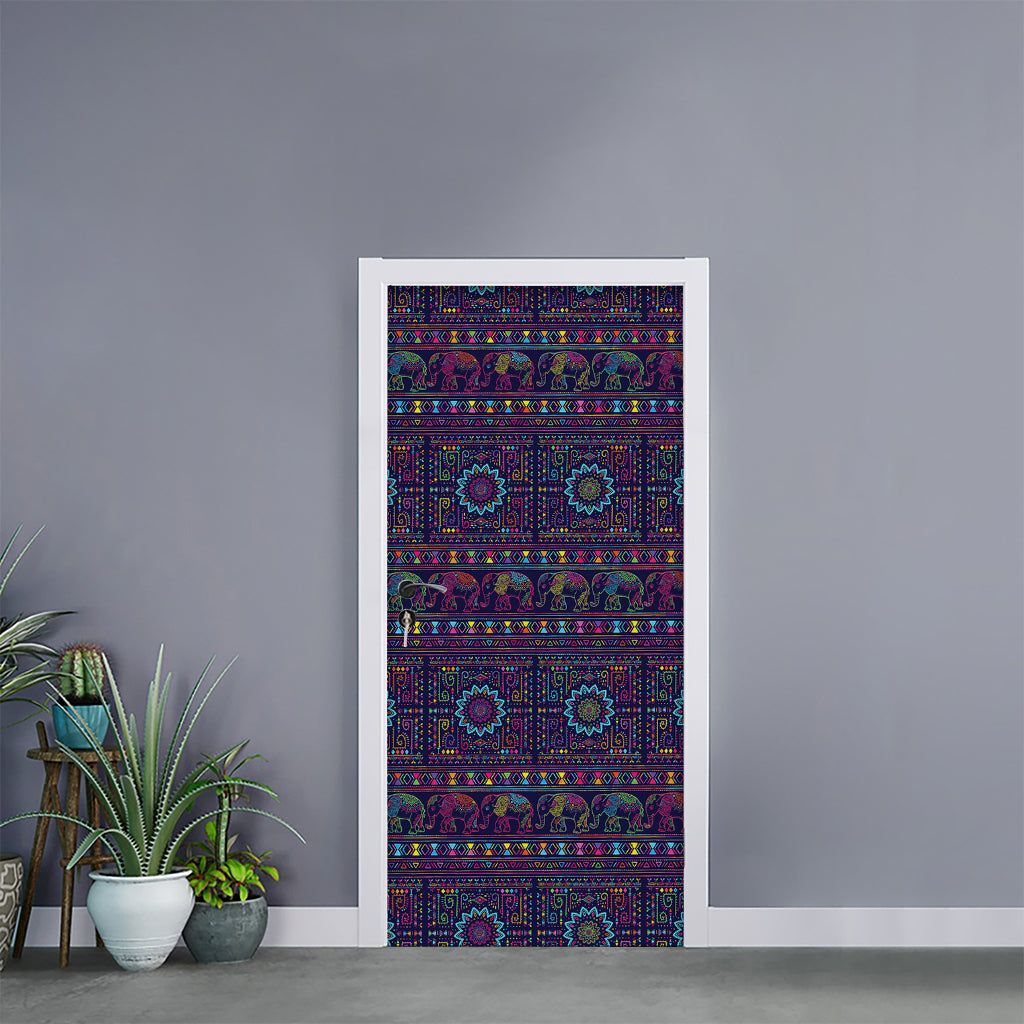 Colorful Indian Elephant Pattern Print Door Sticker