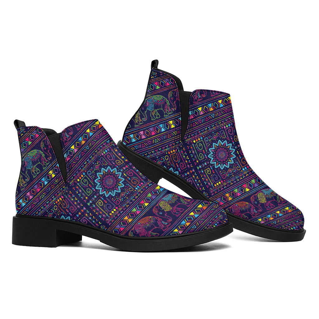Colorful Indian Elephant Pattern Print Flat Ankle Boots
