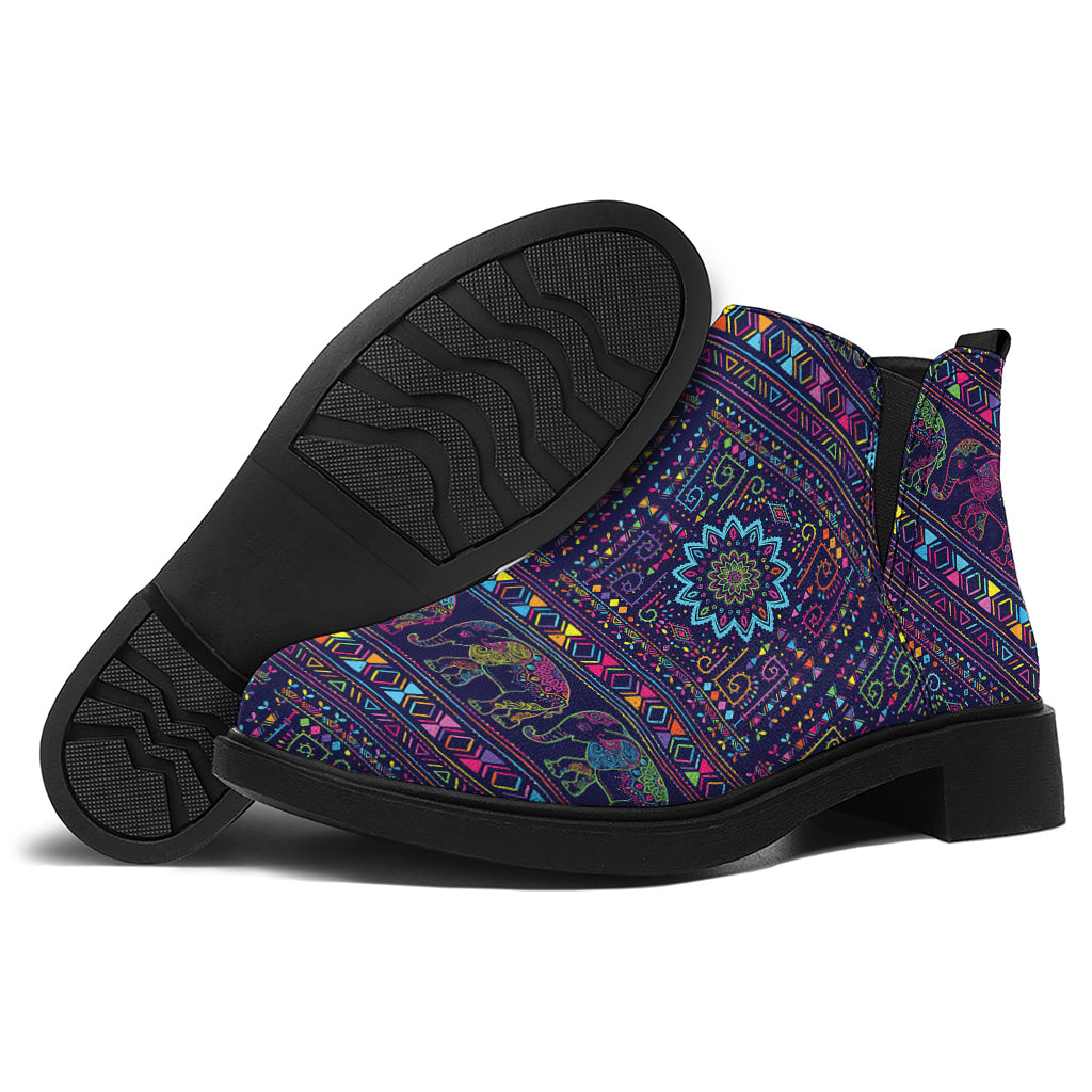 Colorful Indian Elephant Pattern Print Flat Ankle Boots