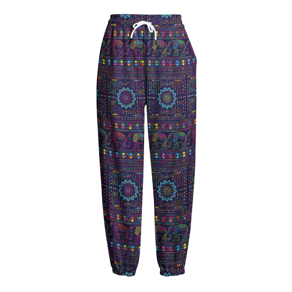 Colorful Indian Elephant Pattern Print Fleece Lined Knit Pants