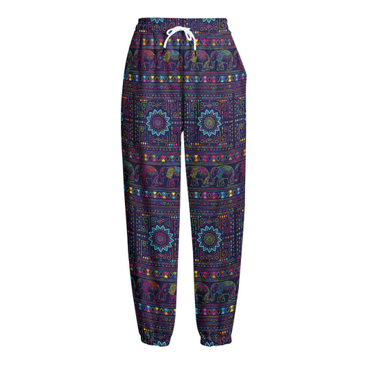 Colorful Indian Elephant Pattern Print Fleece Lined Knit Pants