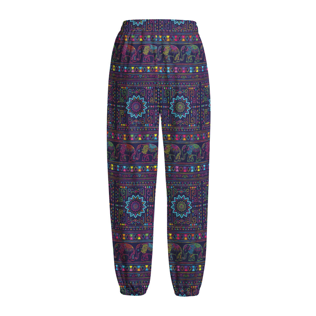 Colorful Indian Elephant Pattern Print Fleece Lined Knit Pants