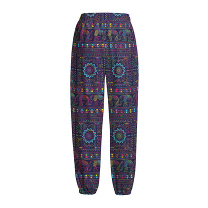 Colorful Indian Elephant Pattern Print Fleece Lined Knit Pants