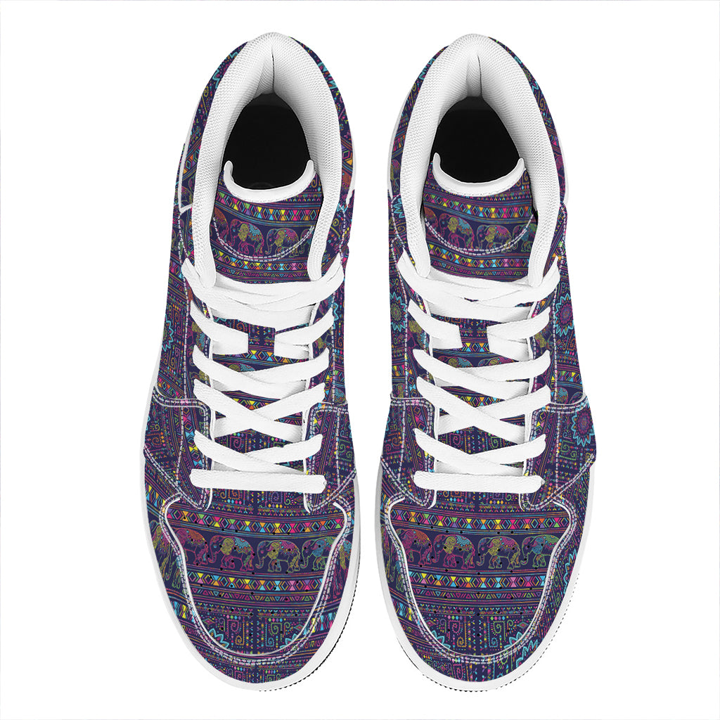 Colorful Indian Elephant Pattern Print High Top Leather Sneakers