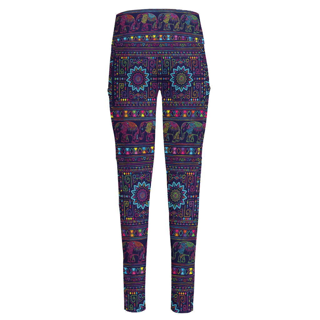 Colorful Indian Elephant Pattern Print High-Waisted Pocket Leggings