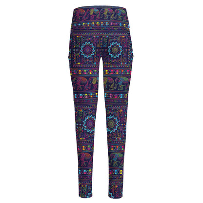 Colorful Indian Elephant Pattern Print High-Waisted Pocket Leggings