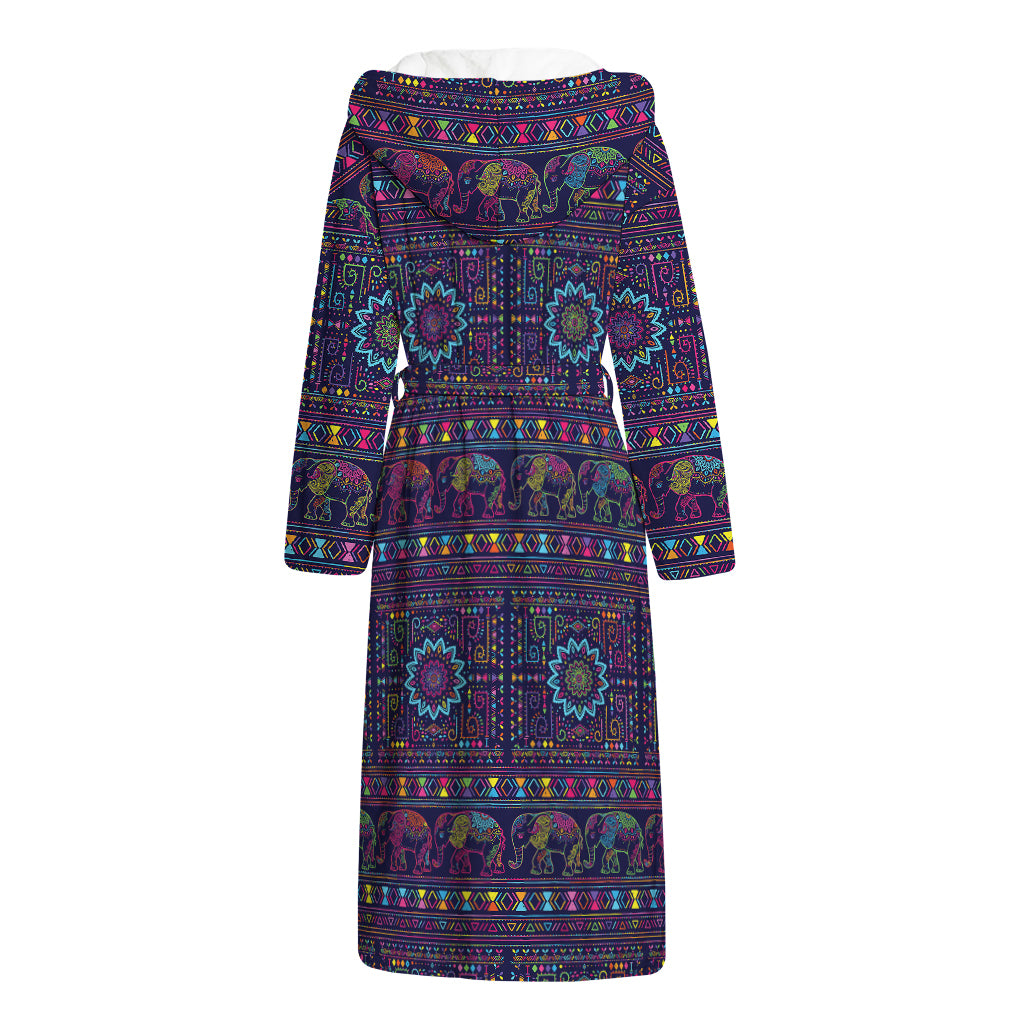 Colorful Indian Elephant Pattern Print Hooded Bathrobe