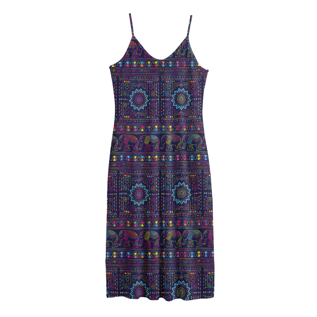 Colorful Indian Elephant Pattern Print Jersey Midi Cami Dress