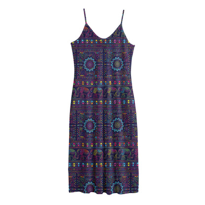 Colorful Indian Elephant Pattern Print Jersey Midi Cami Dress