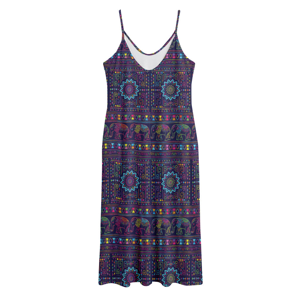Colorful Indian Elephant Pattern Print Jersey Midi Cami Dress