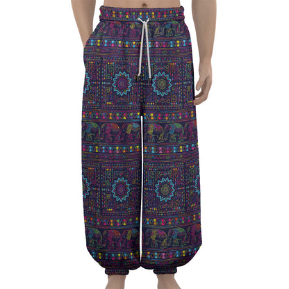 Colorful Indian Elephant Pattern Print Lantern Pants