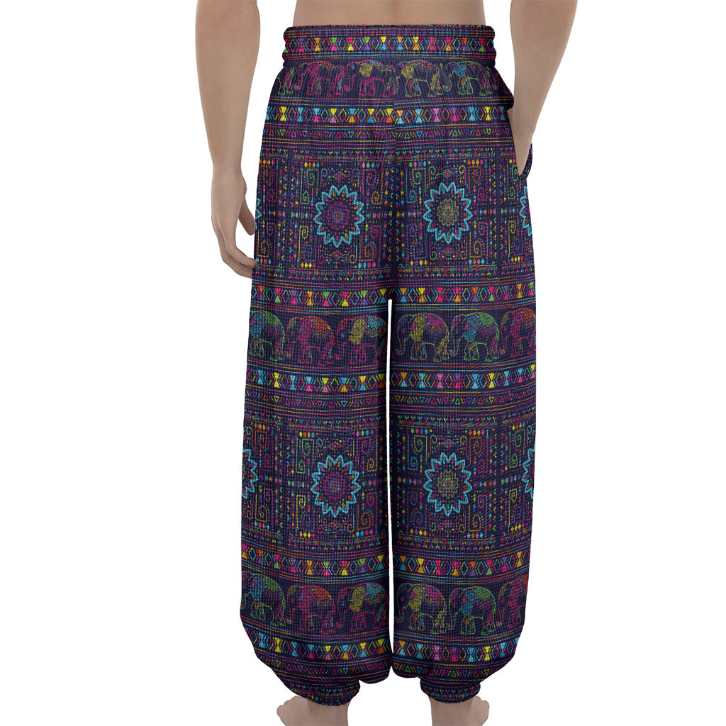 Colorful Indian Elephant Pattern Print Lantern Pants