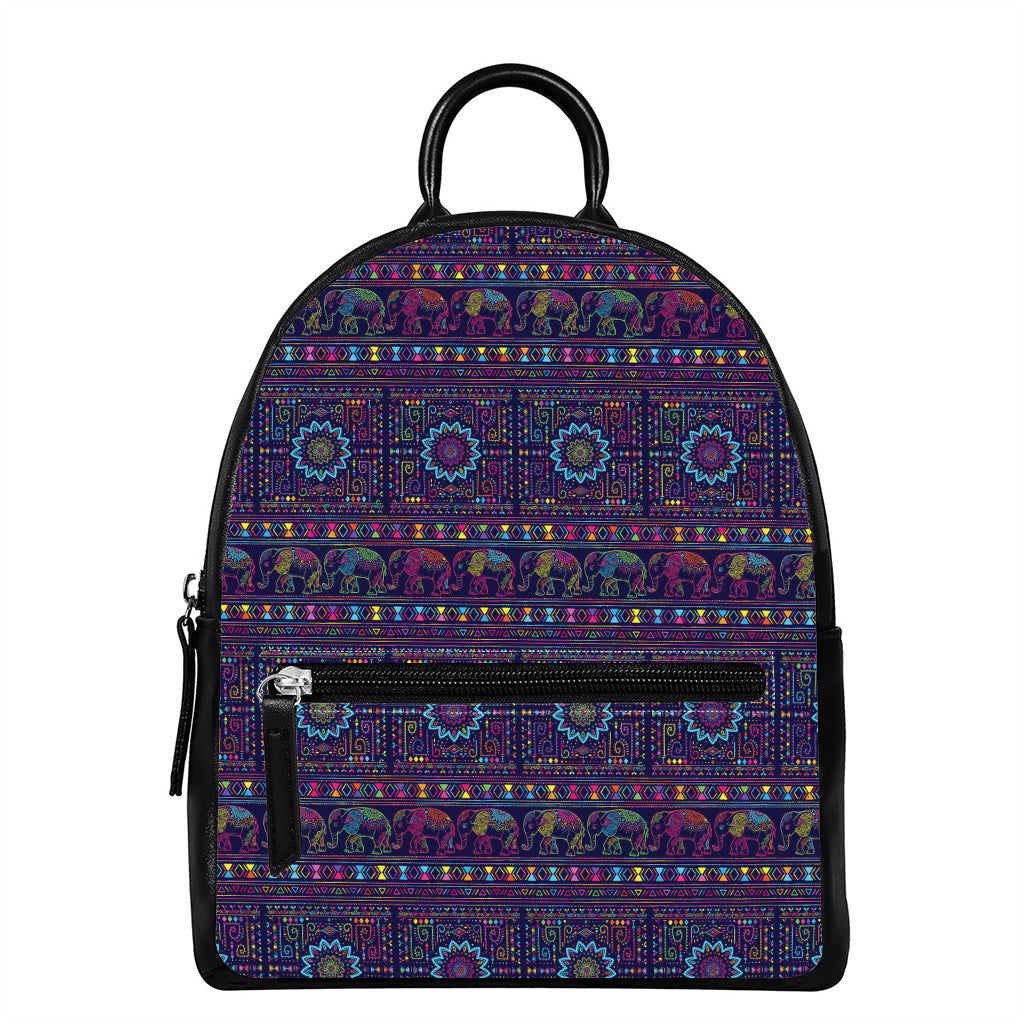 Colorful Indian Elephant Pattern Print Leather Backpack