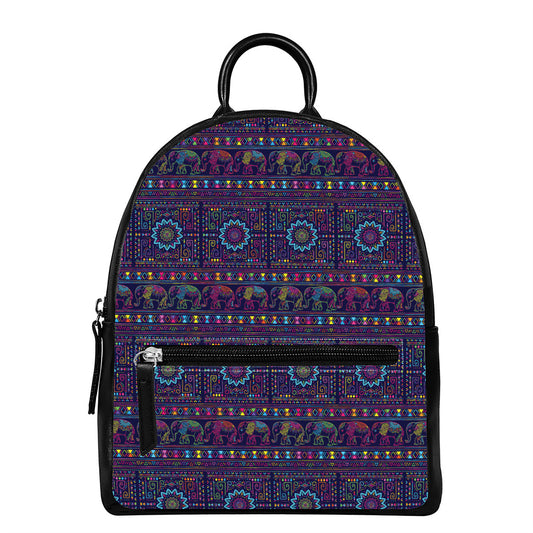 Colorful Indian Elephant Pattern Print Leather Backpack
