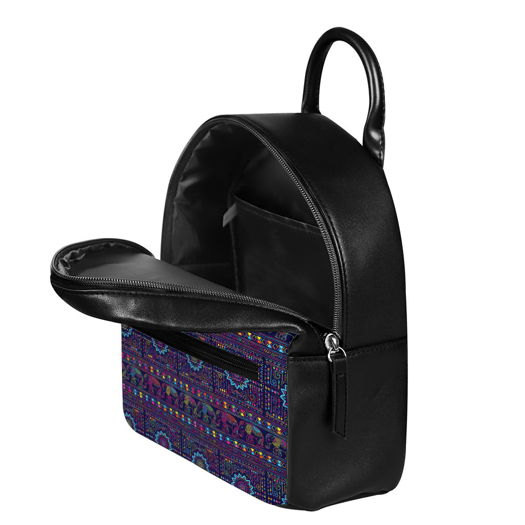 Colorful Indian Elephant Pattern Print Leather Backpack
