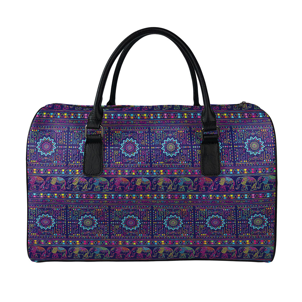 Colorful Indian Elephant Pattern Print Leather Duffle Bag
