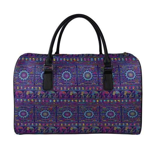 Colorful Indian Elephant Pattern Print Leather Duffle Bag