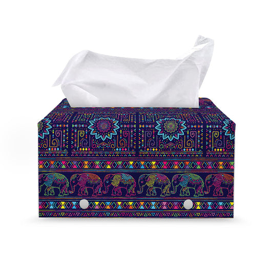 Colorful Indian Elephant Pattern Print Leather Tissue Box Cover