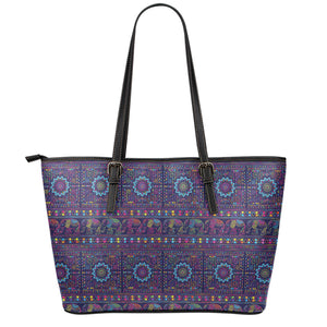 Colorful Indian Elephant Pattern Print Leather Tote Bag