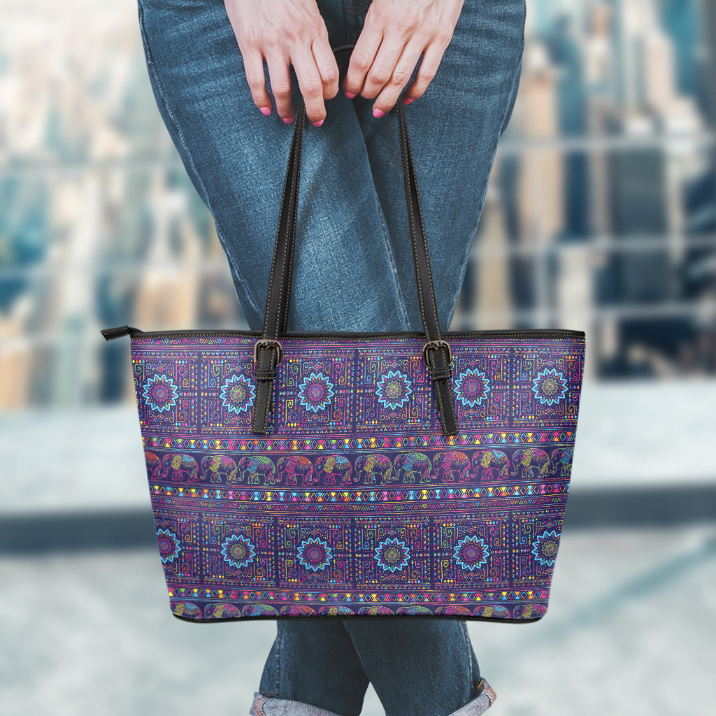 Colorful Indian Elephant Pattern Print Leather Tote Bag