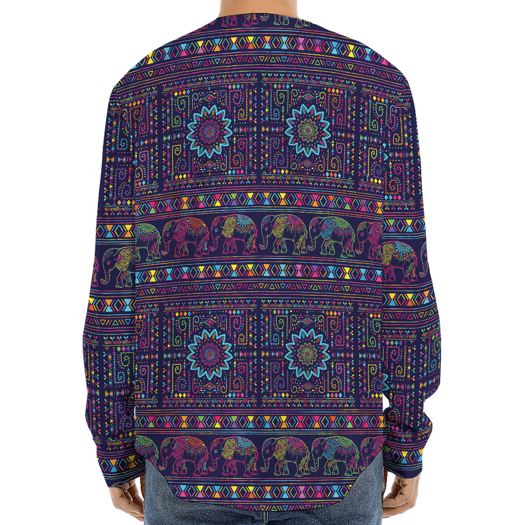 Colorful Indian Elephant Pattern Print Long Sleeve Baseball Jersey