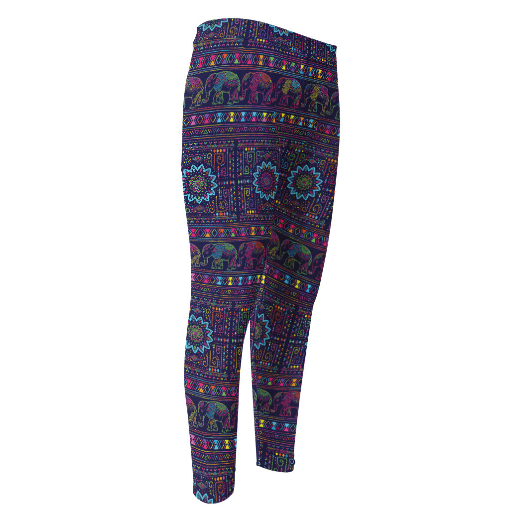 Colorful Indian Elephant Pattern Print Men's Compression Pants