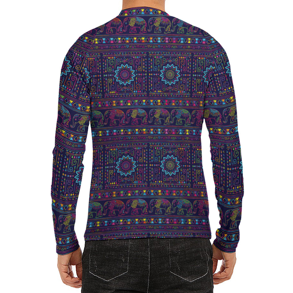 Colorful Indian Elephant Pattern Print Men's Long Sleeve Rash Guard