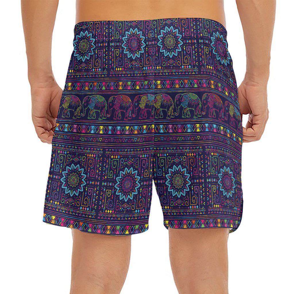 Colorful Indian Elephant Pattern Print Men's Split Running Shorts