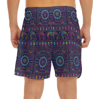 Colorful Indian Elephant Pattern Print Men's Split Running Shorts