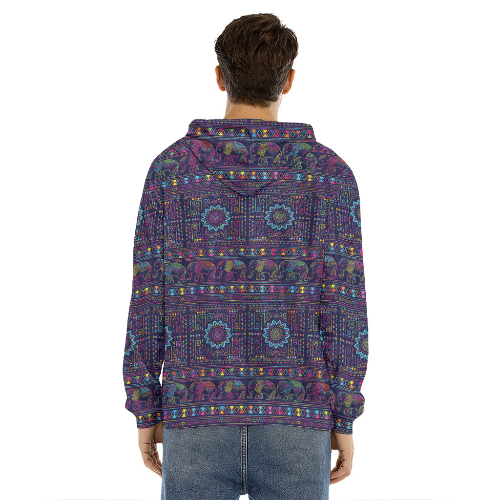 Colorful Indian Elephant Pattern Print Men's Velvet Pullover Hoodie